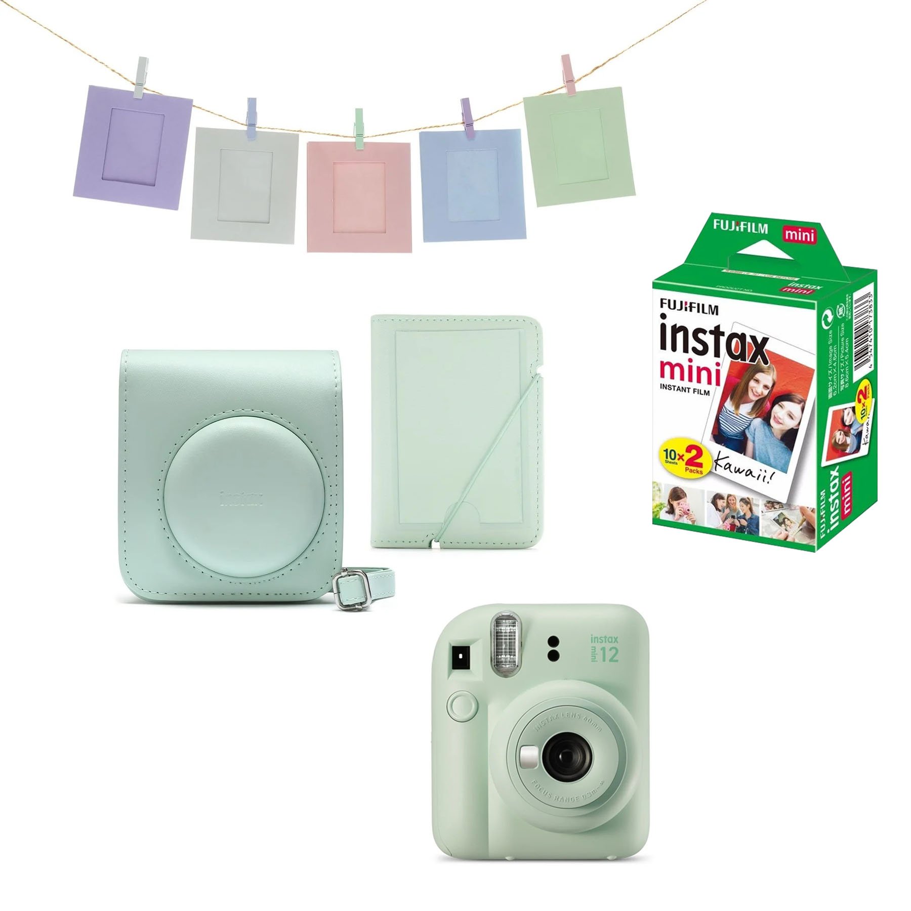 FUJIFILM INSTAX MINI 12 Instant Film Camera (Mint Green) + Fuji Instax  Instant Film Single Pack - 10 Prints + Protective Case - Green + Photo Album  - Green + Travel Stickers - Bundle! 