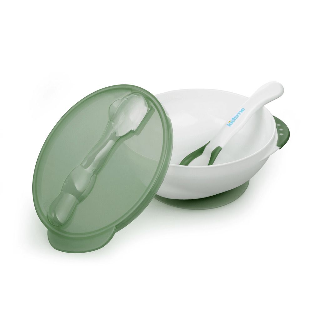 Kidsme - Deep plate with suction cup and temperature spoon Green - Baby og barn