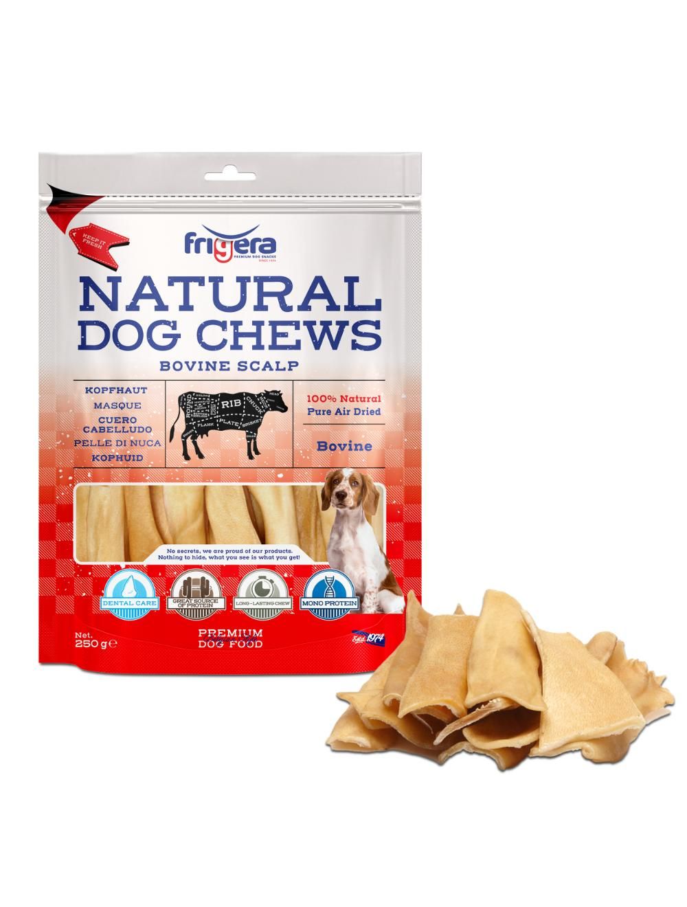 Frigera - Natural Dog Chews Bovine scalp 250gr - (402285851803) - Kjæledyr og utstyr