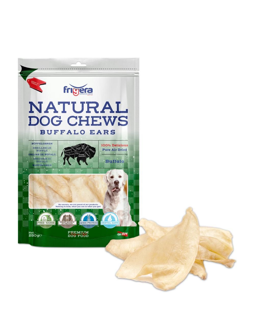 Frigera - Natural Dog Chews Buffalo ears 250gr - (402285852195) - Kjæledyr og utstyr