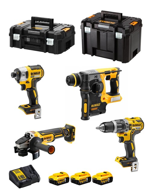 Dewalt 18V Kombopack DCK422P3T (4 tlg. Set: Akku-Schlagbohrschrauber DCD796, Akku- Schlagschrauber DCF887, SDS-Plus Akku-Kombihammer DCH273, Akku-Winkelschleifer DCG405, 3x 5 Ah Akkus, Ladegerät)