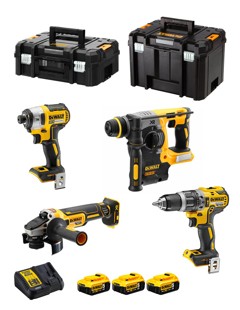 Dewalt 18V Kombopack DCK422P3T (4 tlg. Set: Akku-Schlagbohrschrauber DCD796, Akku- Schlagschrauber DCF887, SDS-Plus Akku-Kombihammer DCH273, Akku-Winkelschleifer DCG405, 3x 5 Ah Akkus, Ladegerät)