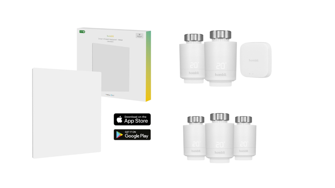 Hombli - Energy Bundle with Smart IR Heatpanel 350w White + Smart Radiator Thermostat Starter kit (2pcs+BT Bridge) + Thermostat Expansion Pack (3pcs)