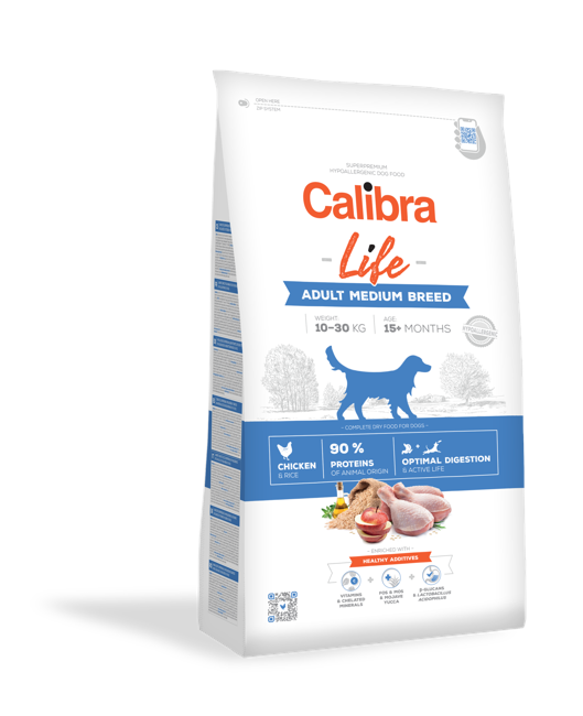 Calibra - Hundefoder Dog Life, Voksen, Mellemstørrelse Race, Kylling 12 kg