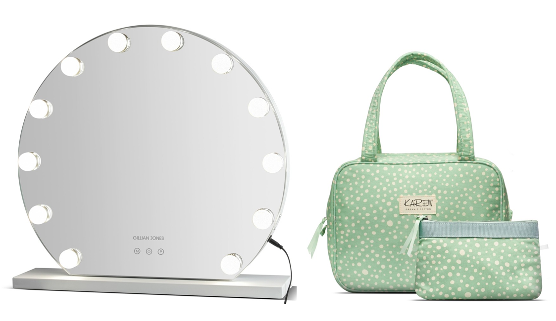 Gillian Jones - Hollywood Mirror With Adjustable light + Karen Denmark - 2 pcs Cosmetic bag  Green/white print