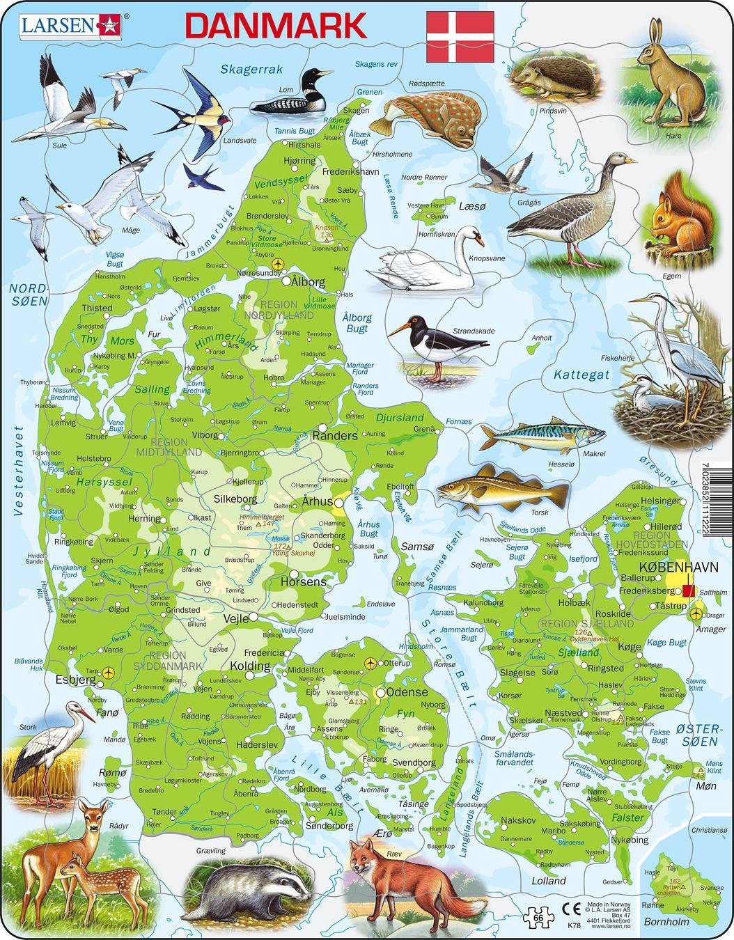 Larsen Puzzle - Denmark with Animals (66 pcs) (K78) - Leker