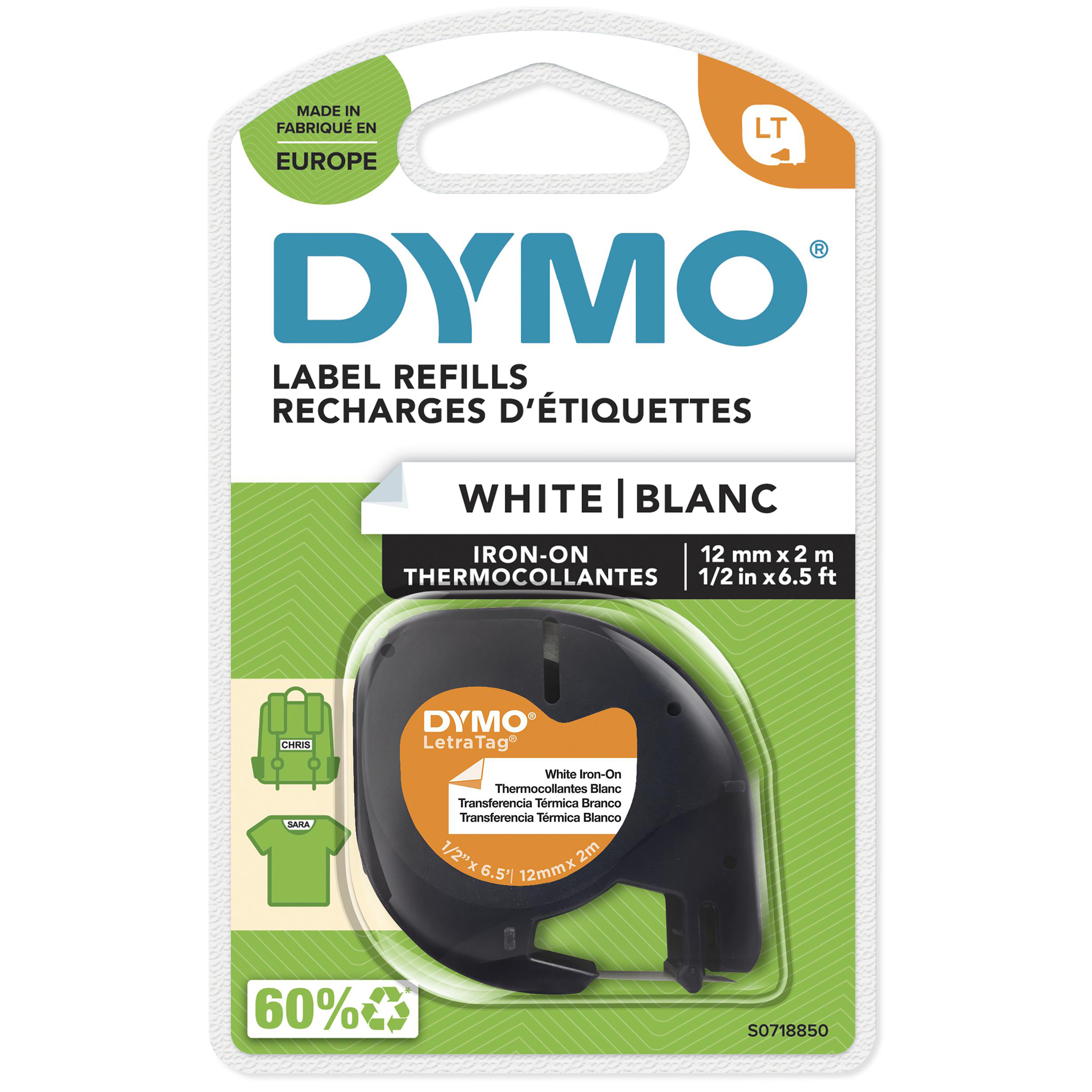 DYMO - LetraTag® Tape Iron-on 12mm x 2m black on white (S0718850) - Kontor og skoleutstyr