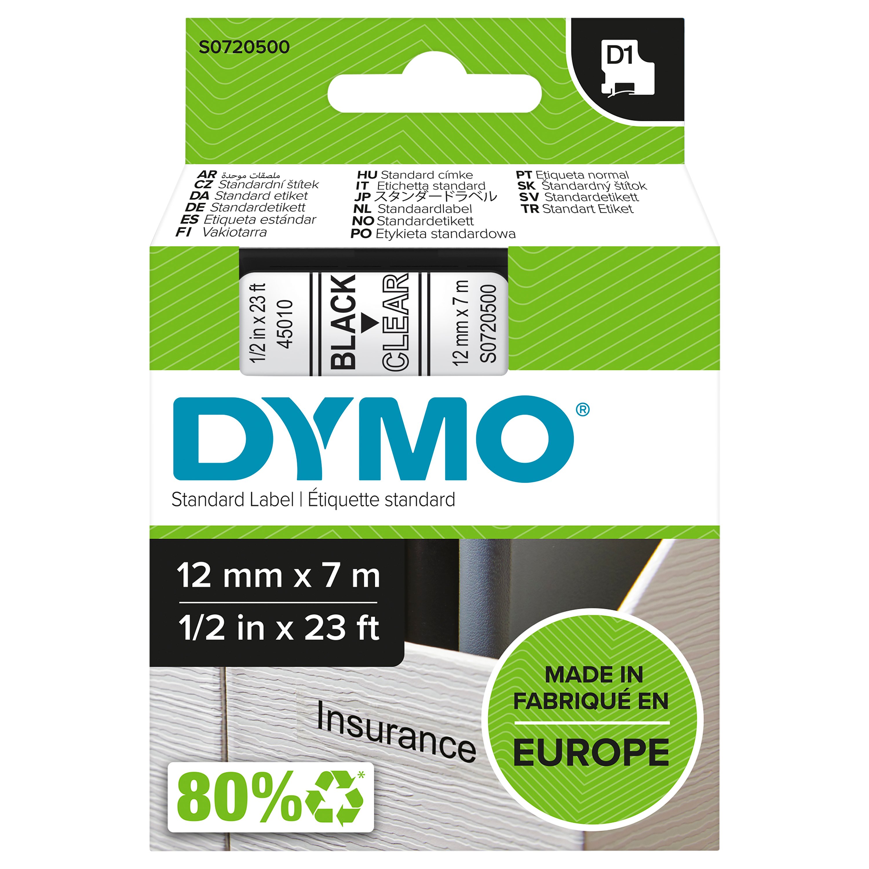 DYMO - D1® Tape 12mm x 7m black on transparent (S0720500) - Kontor og skoleutstyr