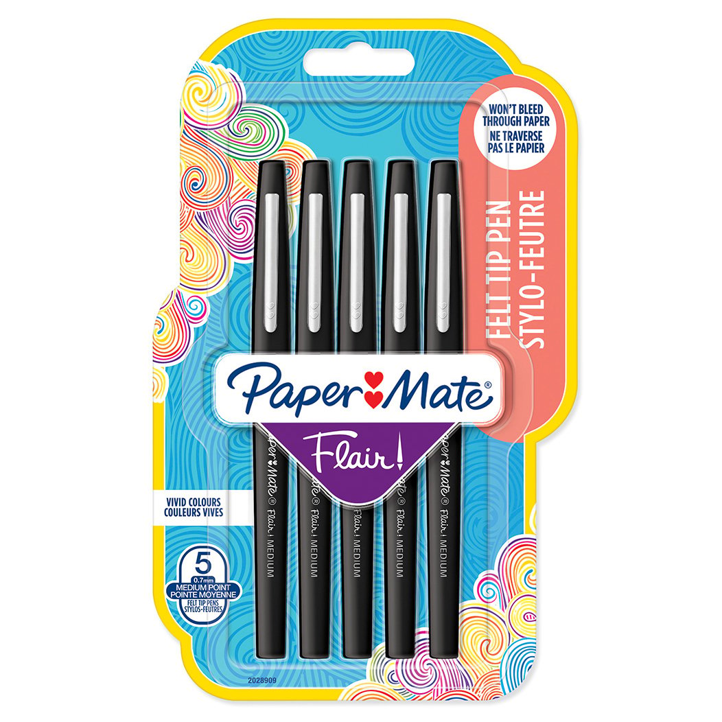 Paper Mate - Flair felt tip pen M Black (5 pack) (2028909) - Leker