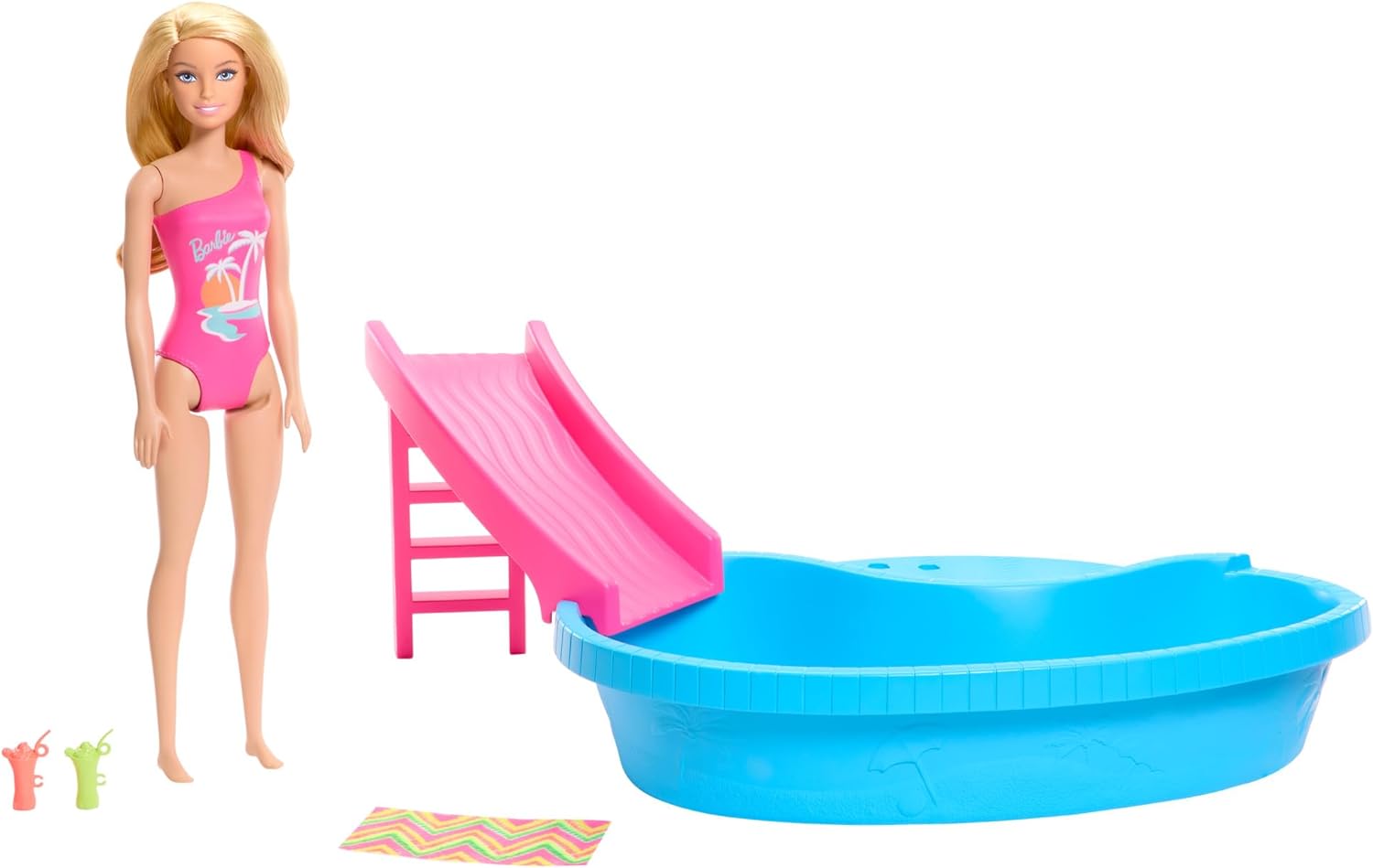 Barbie - Doll And Pool Playset, Blonde With Pool, Slide, Towel And Drink Accessories (HRJ74) - Leker