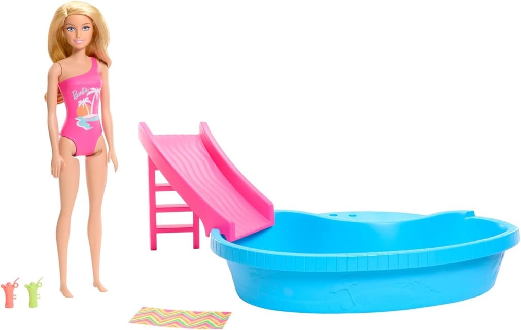 Barbie - Doll And Pool Playset, Blonde With Pool, Slide, Towel And Drink Accessories (HRJ74)