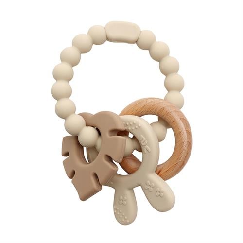 Magni - Teether bracelet, silicone with wooden ring leaves and bunny-ears appendix - Beige (5577) - Leker
