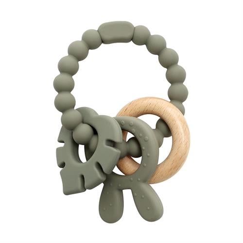 Magni - Teether bracelet silicone with wooden ring leaves and bunny-ears appendix - Green (5578) - Leker