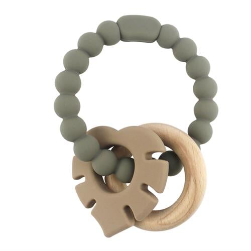 Magni - Teether bracelet silicone with wooden ring and leaves appendix - Grey (5544) - Leker