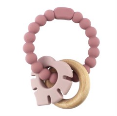 Magni - Teether bracelet silicone with wooden ring and leaves appendix -Dusty rose (5545)