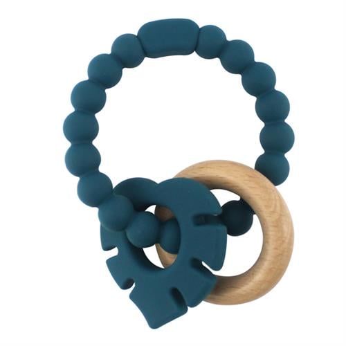 Magni - Teether bracelet silicone with wooden ring and leaves appendix - Petroleum green (5546) - Leker