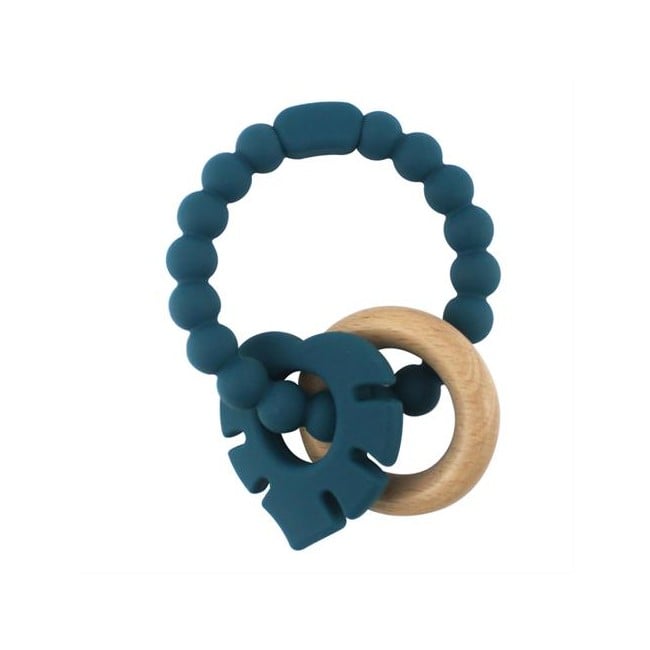 Magni - Teether bracelet silicone with wooden ring and leaves appendix - Petroleum green (5546)