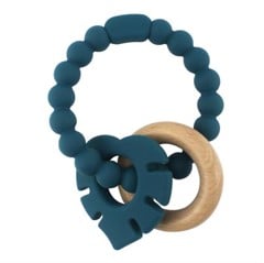 Magni - Teether bracelet silicone with wooden ring and leaves appendix - Petroleum green (5546)