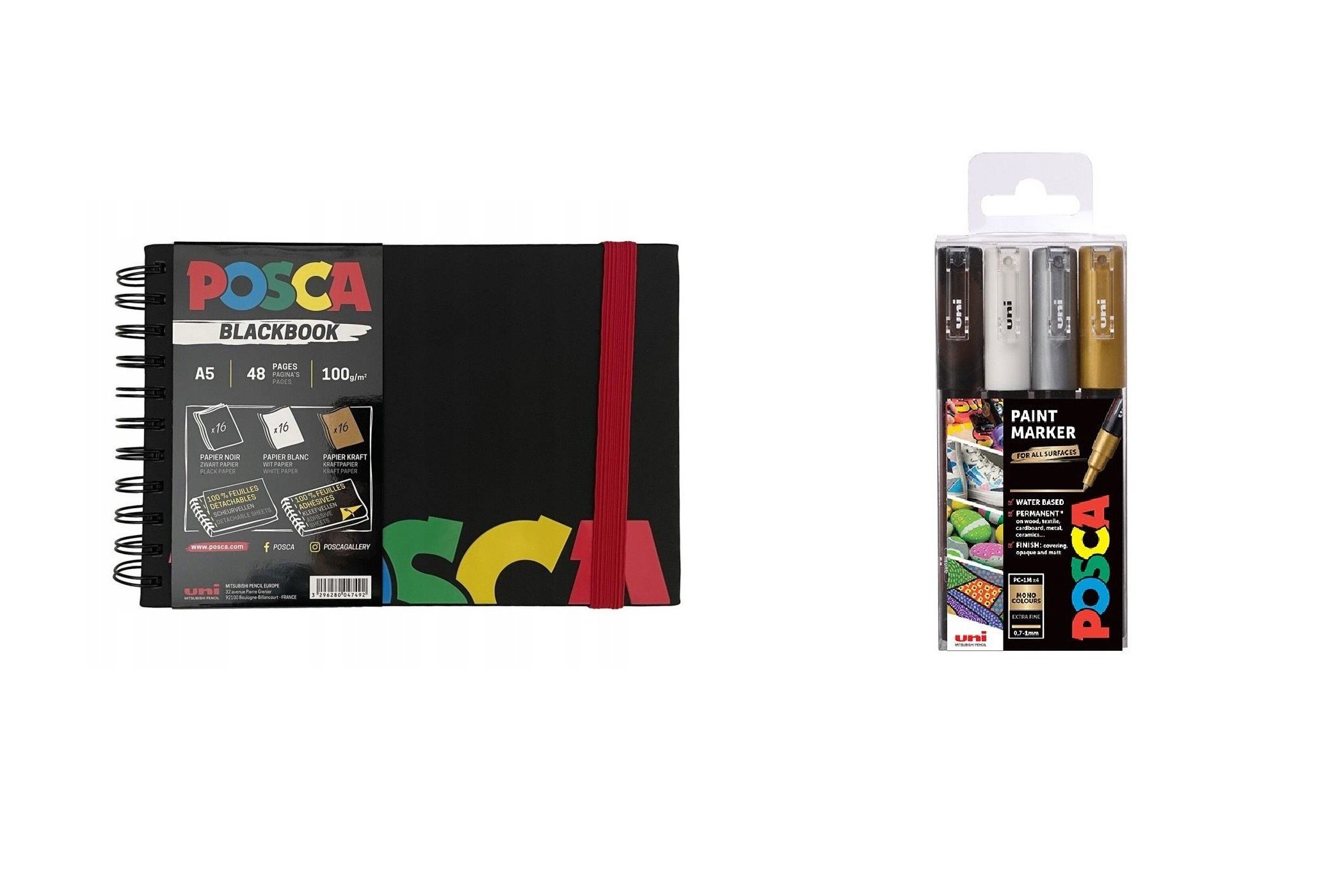 Posca - A5 BlackBook&PC1MC - Extra Fine Tip Pen - Gold, Silver, Black and White, 4 pc​ - Leker