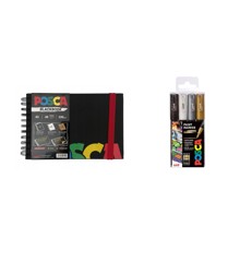 Posca - A5 BlackBook & PC1MC - Extra Fine Tip Pen - Gold, Silver, Black and White, 4 pc​