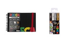 Posca - A5 BlackBook & PC1MC - Extra Fine Tip Pen - Gold, Silver, Black and White, 4 pc​