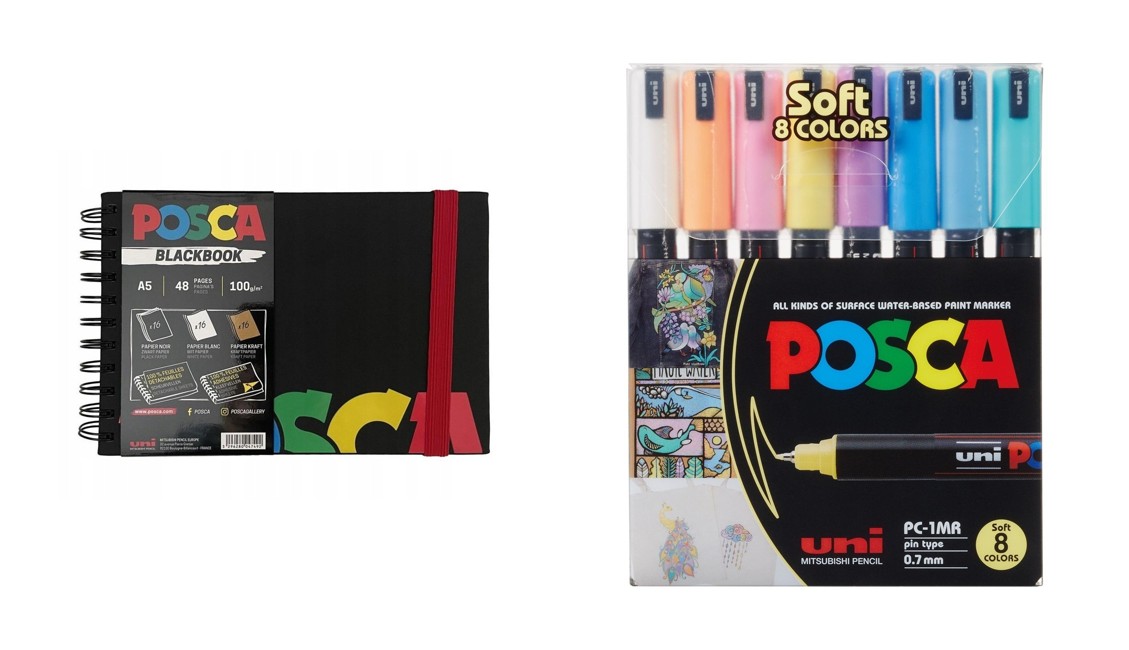 Posca - A5 BlackBook & PC1MR - Pen med ekstra fin spids - bløde farver 8 stk.