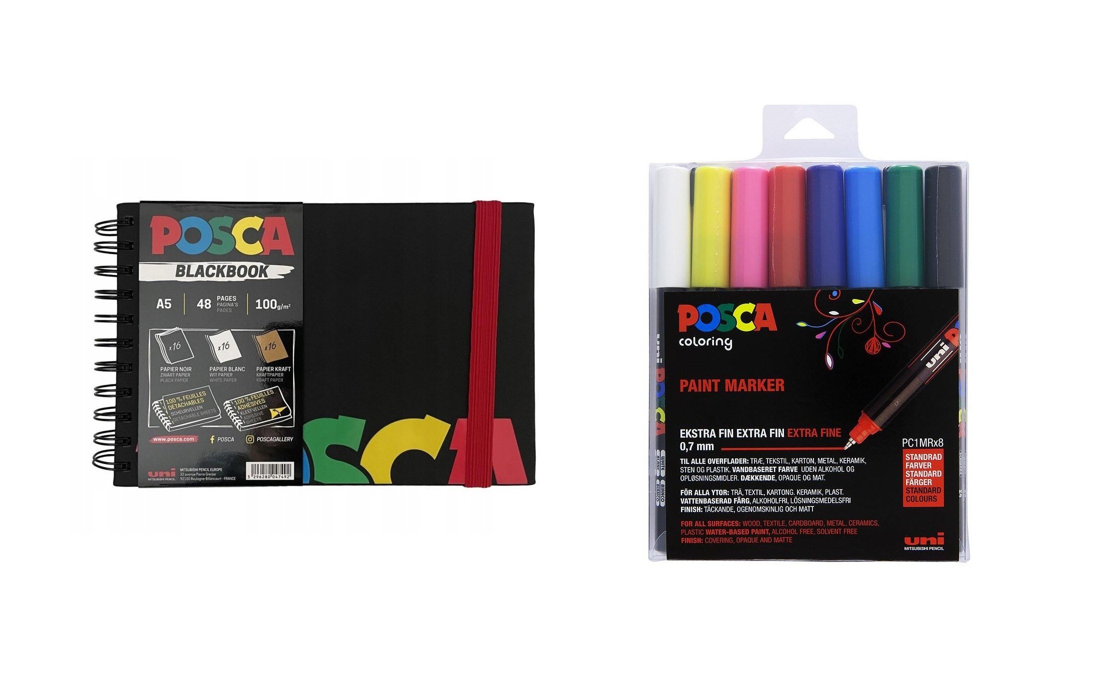 Posca - A5 BlackBook&PC1MR - Extra Fine Tip Pen - Basic Colors 8 pc - Leker