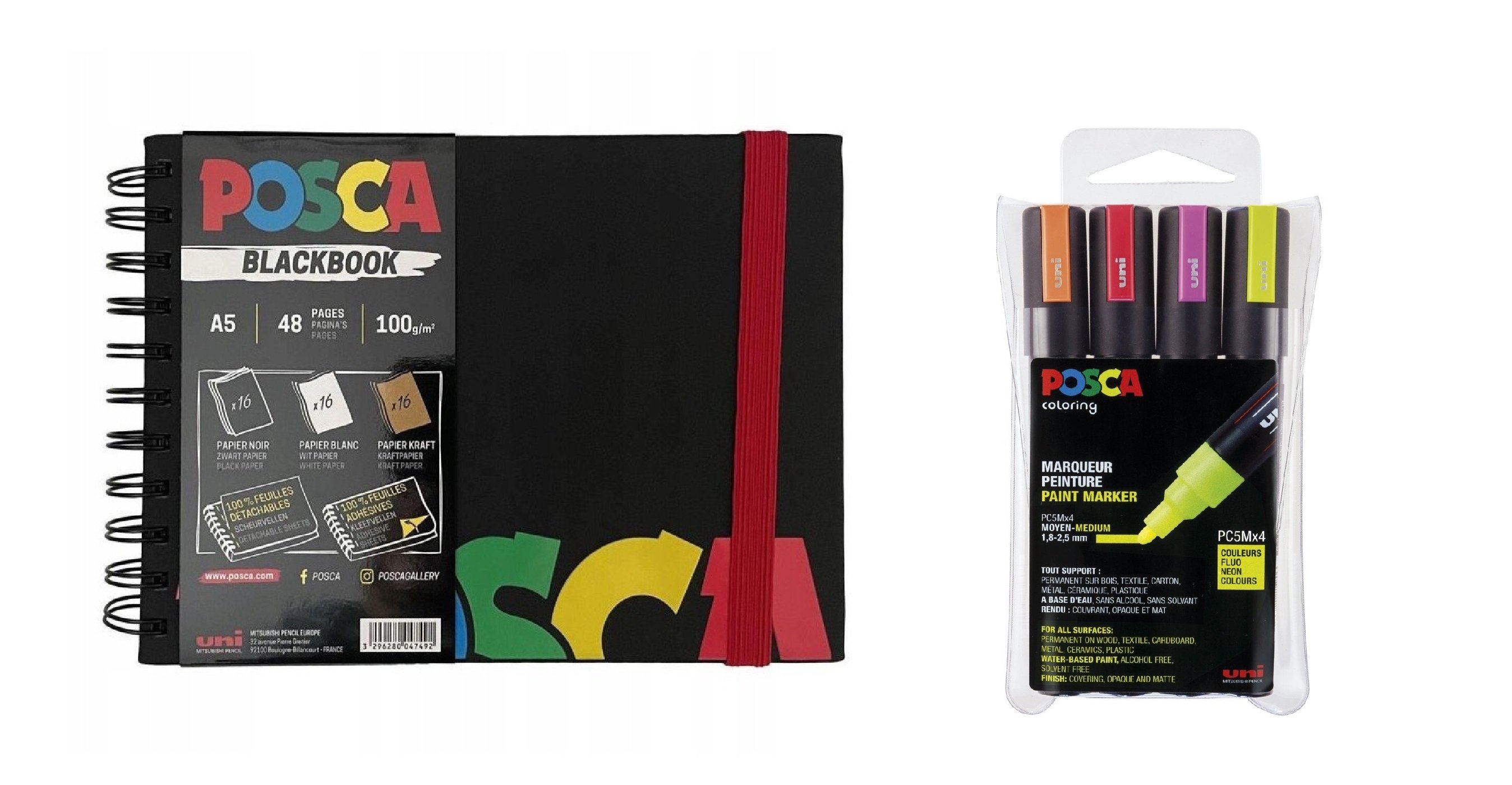 Posca - A5 BlackBook&PC5M - Medium Tip Pen - Neon colors 4 pc - Leker