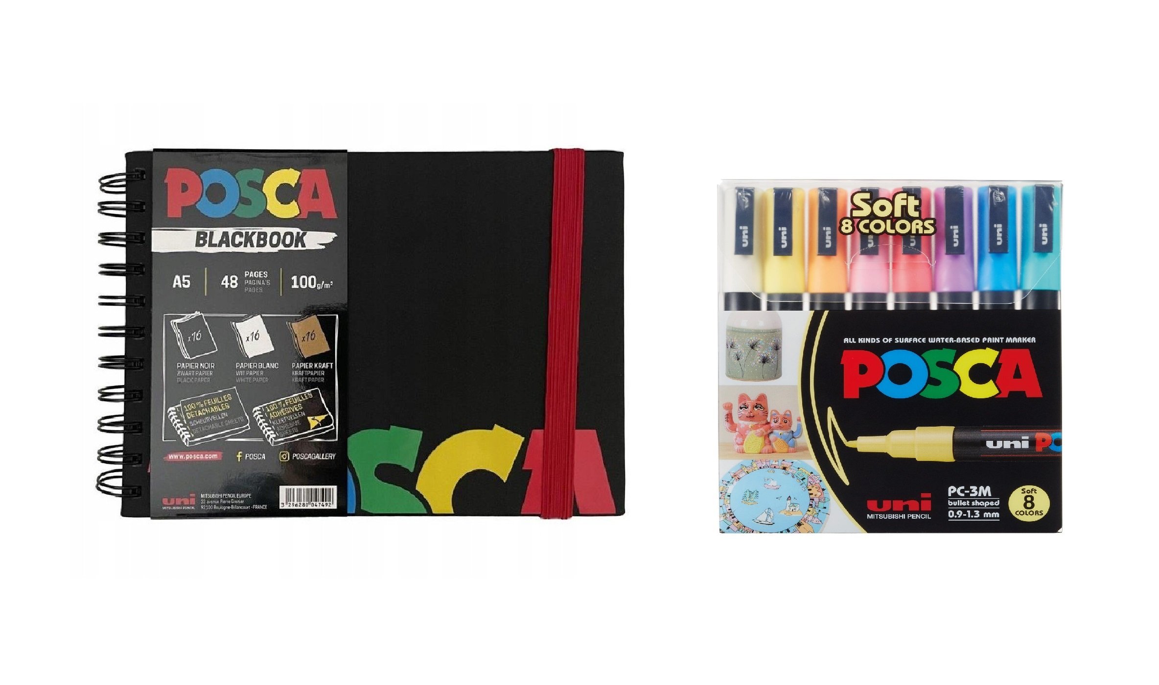 Posca - A5 BlackBook&PC3M - Fine Tip Pen - Soft Colors 8 pc - Leker