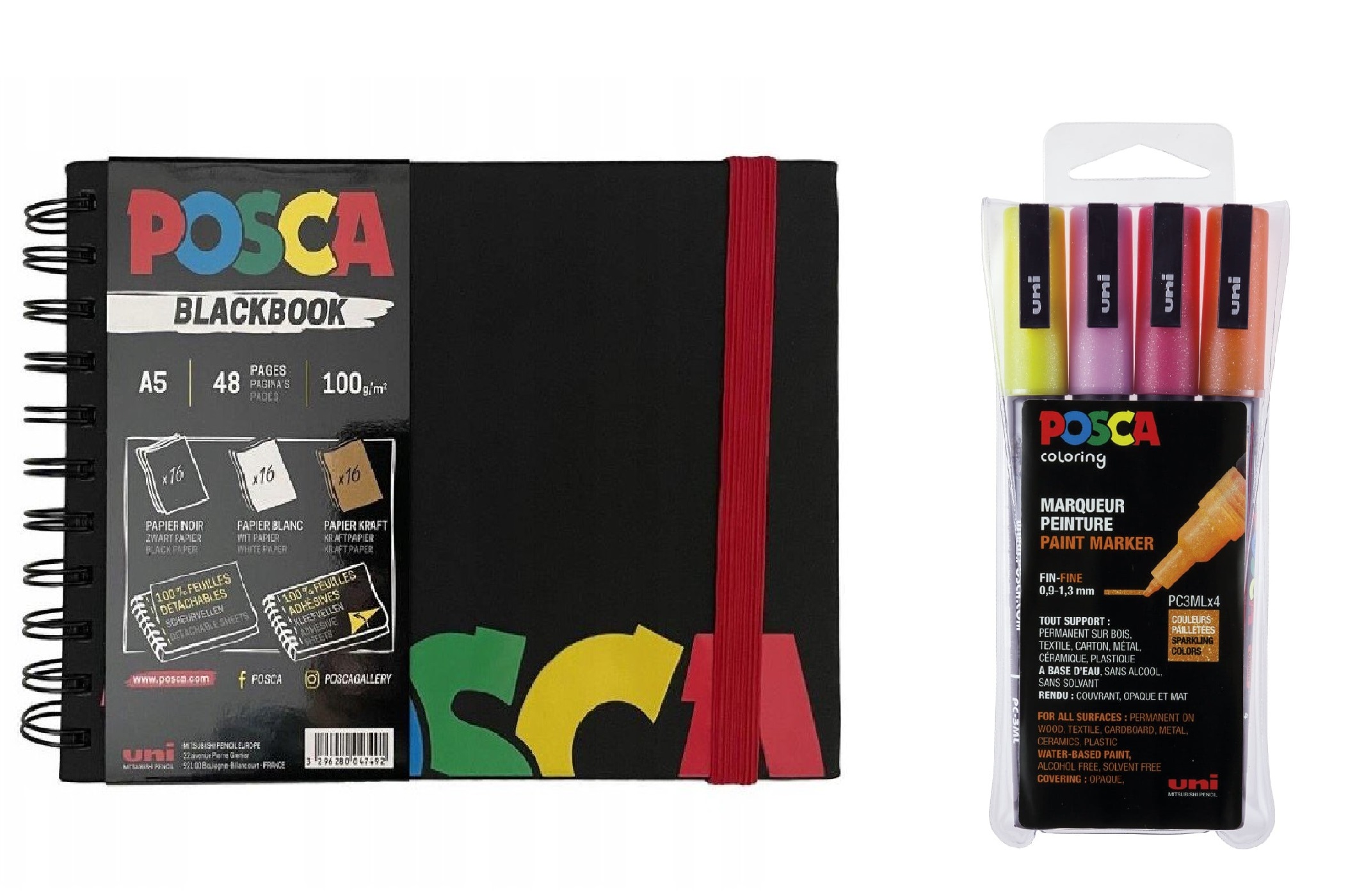 Posca - A5 BlackBook&PC3M - Fine Tip Pen - Glitter pink 4 pc - Leker