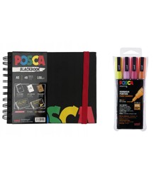 Posca - A5 BlackBook & PC3M - Fine Tip Pen - Glitter pink 4 pc