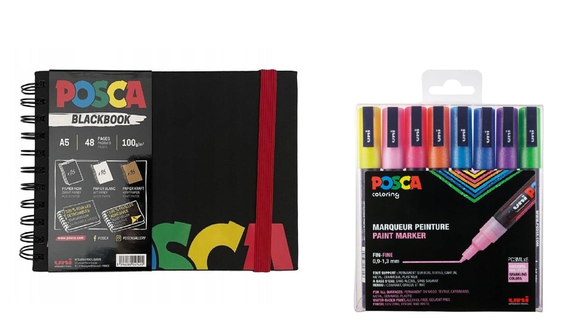 Posca - A5 BlackBook & PC3M - Fine Tip Pen - Sparkling Colors 8 pc