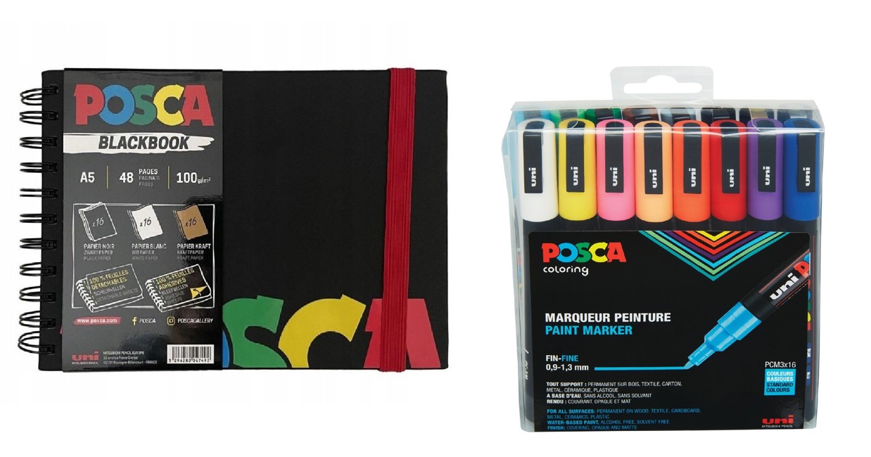 Posca - A5 BlackBook & PC3M - Fine Tip Pen 16 pc