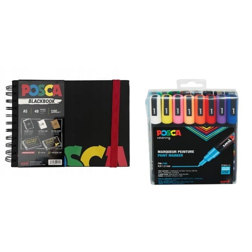 Posca - A5 BlackBook & PC3M - Fine Tip Pen 16 pc