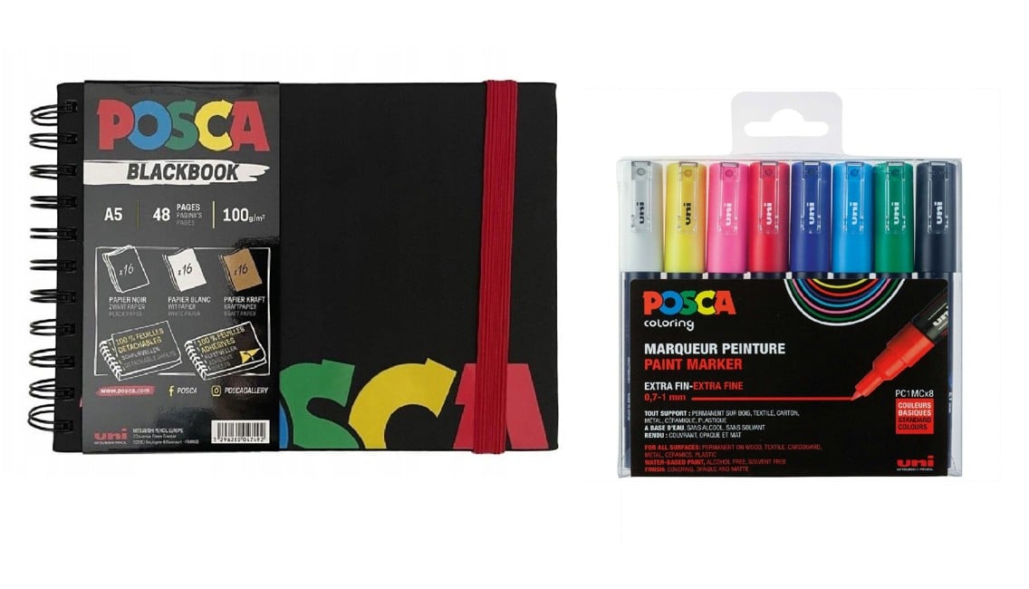 Posca - A5 BlackBook & PC1MC - Extra Fine Tip Pen 8 pc