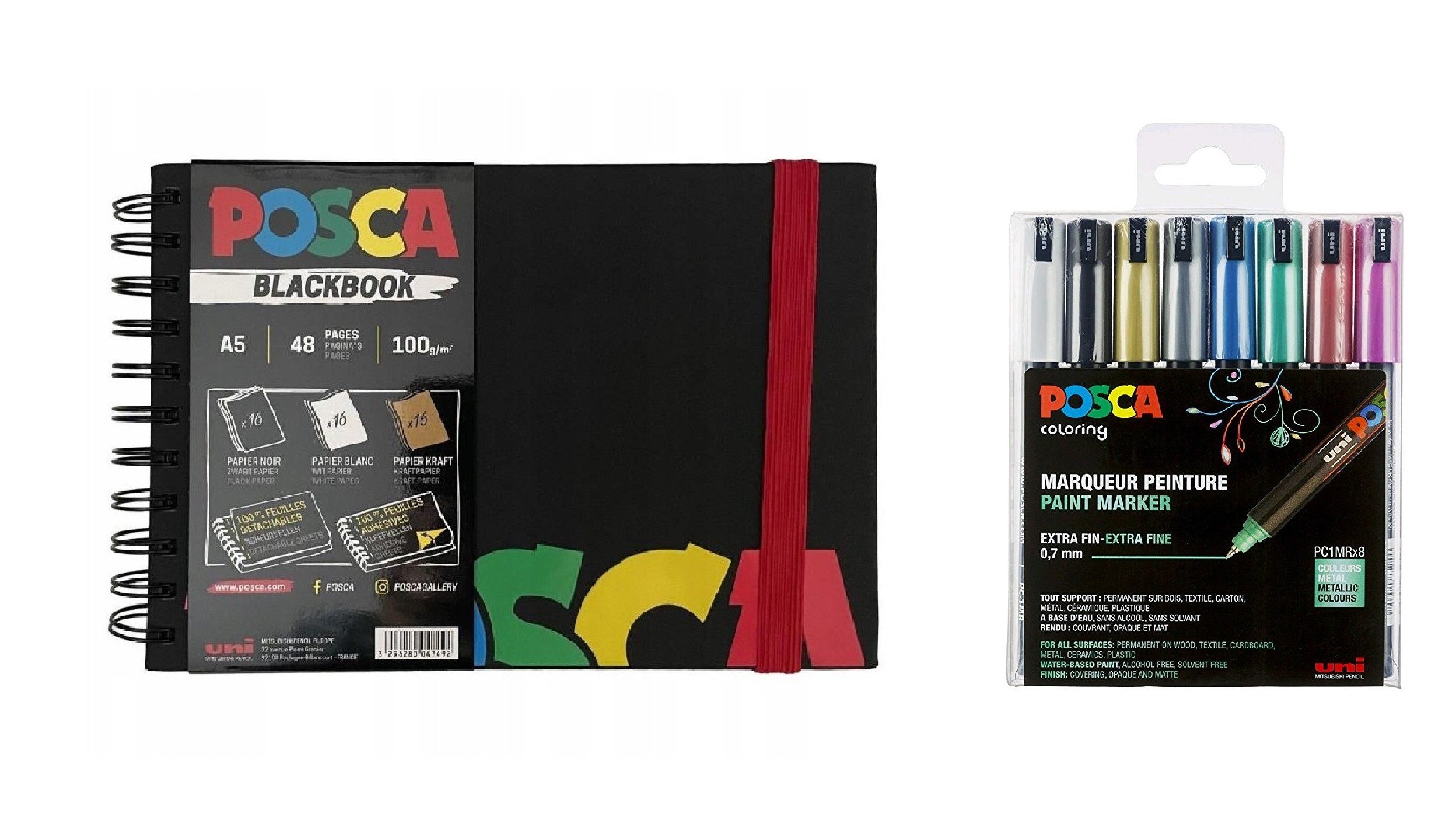 Posca - A5 BlackBook&PC1MR - Extra Fine Tip Pen - Metallic Colors 8 pc - Leker