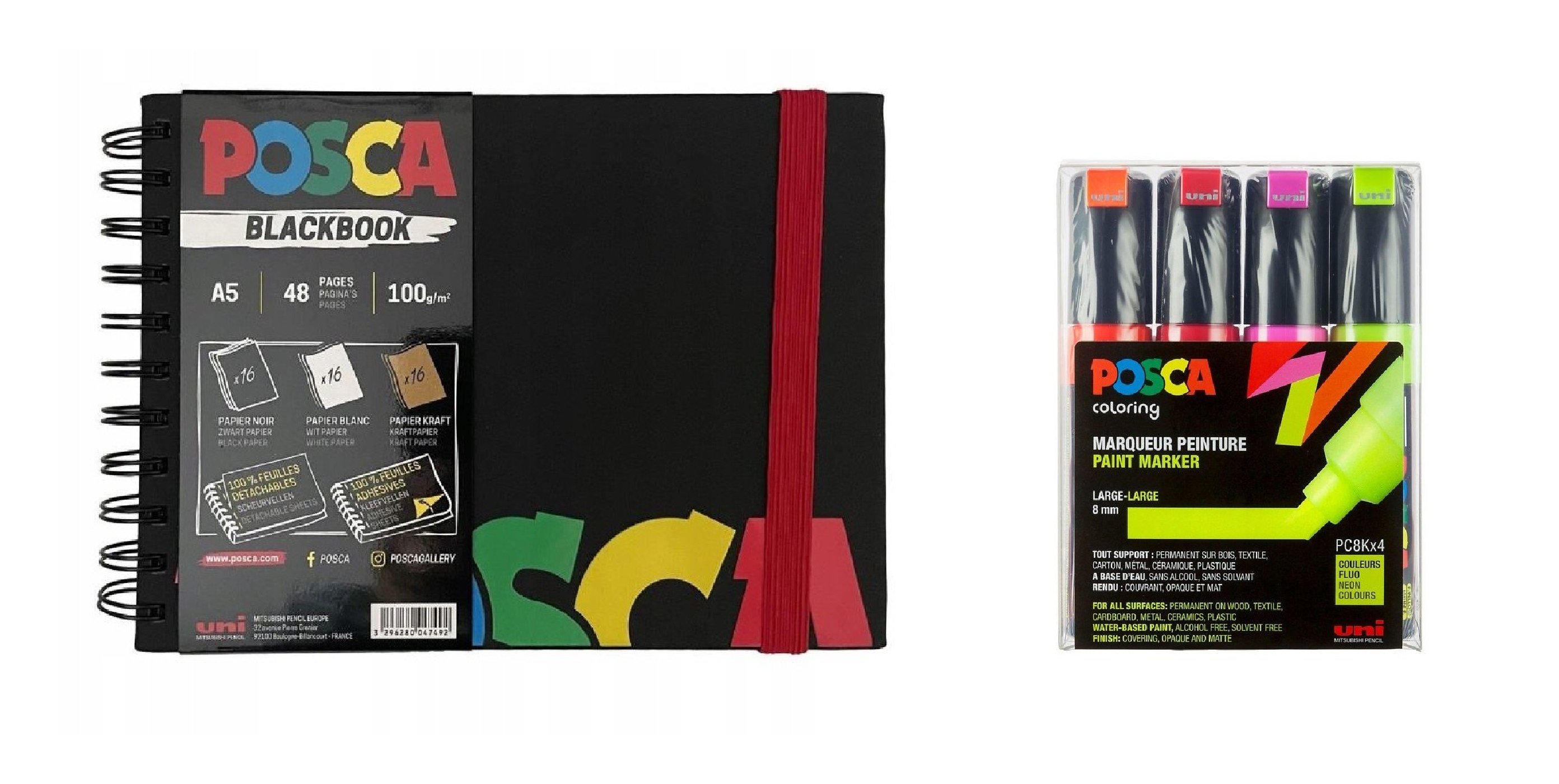 Posca - A5 BlackBook&PC8K - Broad Tip Pen - Neon colors 4 pc - Leker