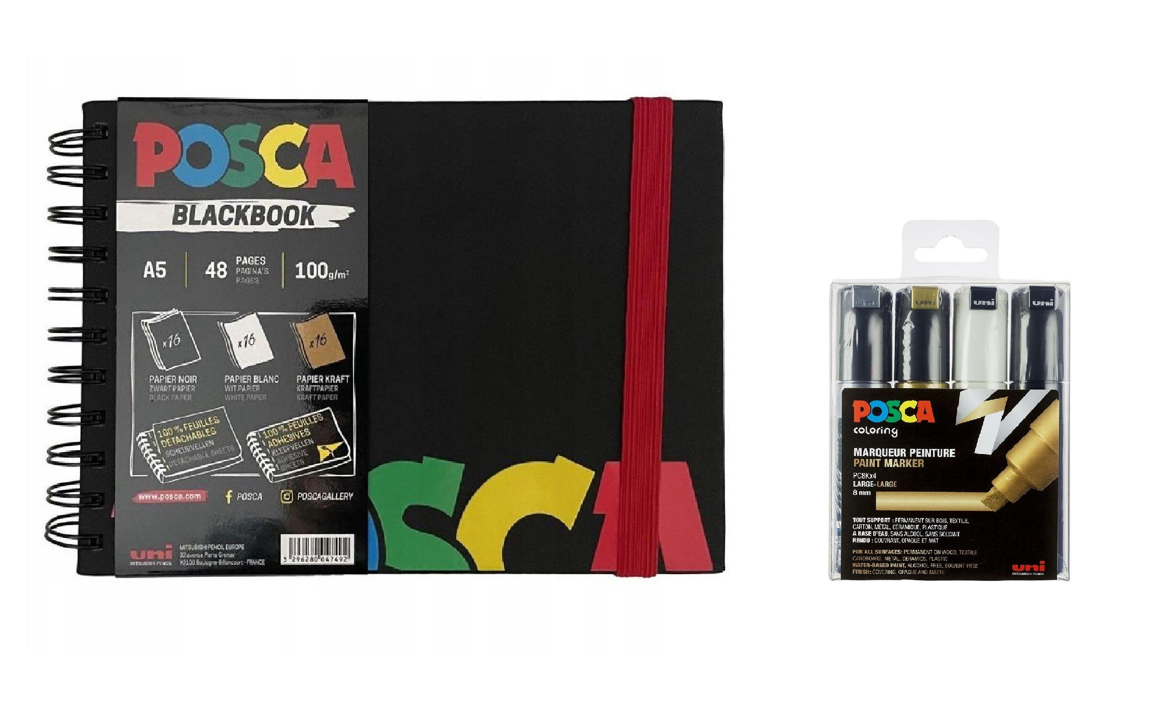 Posca - A5 BlackBook&PC8K - Broad Tip Pen - Gold, Silver, Black and White 4 pc - Leker