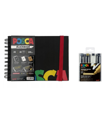 Posca - A5 BlackBook & PC8K - Broad Tip Pen - Gold, Silver, Black and White 4 pc