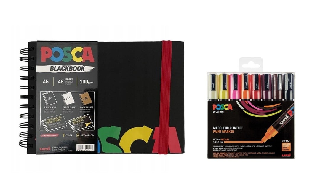 Posca - A5 BlackBook & PC5M - Medium Tip Pen - Varme farver 8 stk.