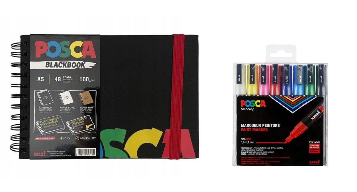 Posca - A5 BlackBook & PC3M - Fine Tip Pen - Basic Colors 8 pc