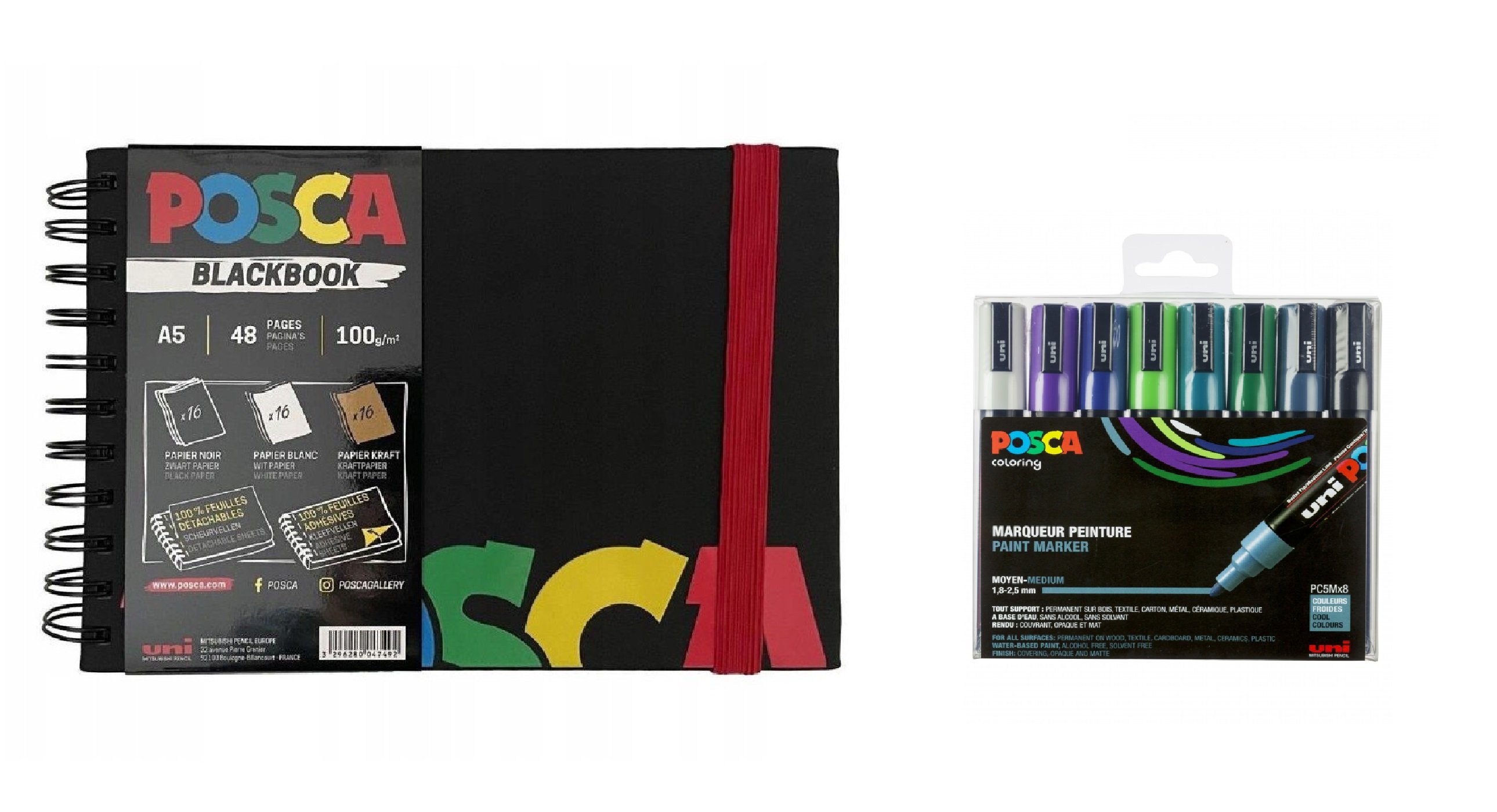 Posca - A5 BlackBook&PC5M - Medium Tip Pen - Cool colors 8 pc - Leker