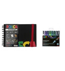 Posca - A5 BlackBook & PC5M - Medium Tip Pen - Kølige farver 8 stk.