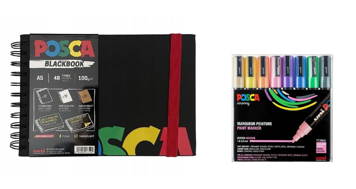 Posca - A5 BlackBook & PC5M - Medium Tip Pen - Pastelfarver 8 stk.