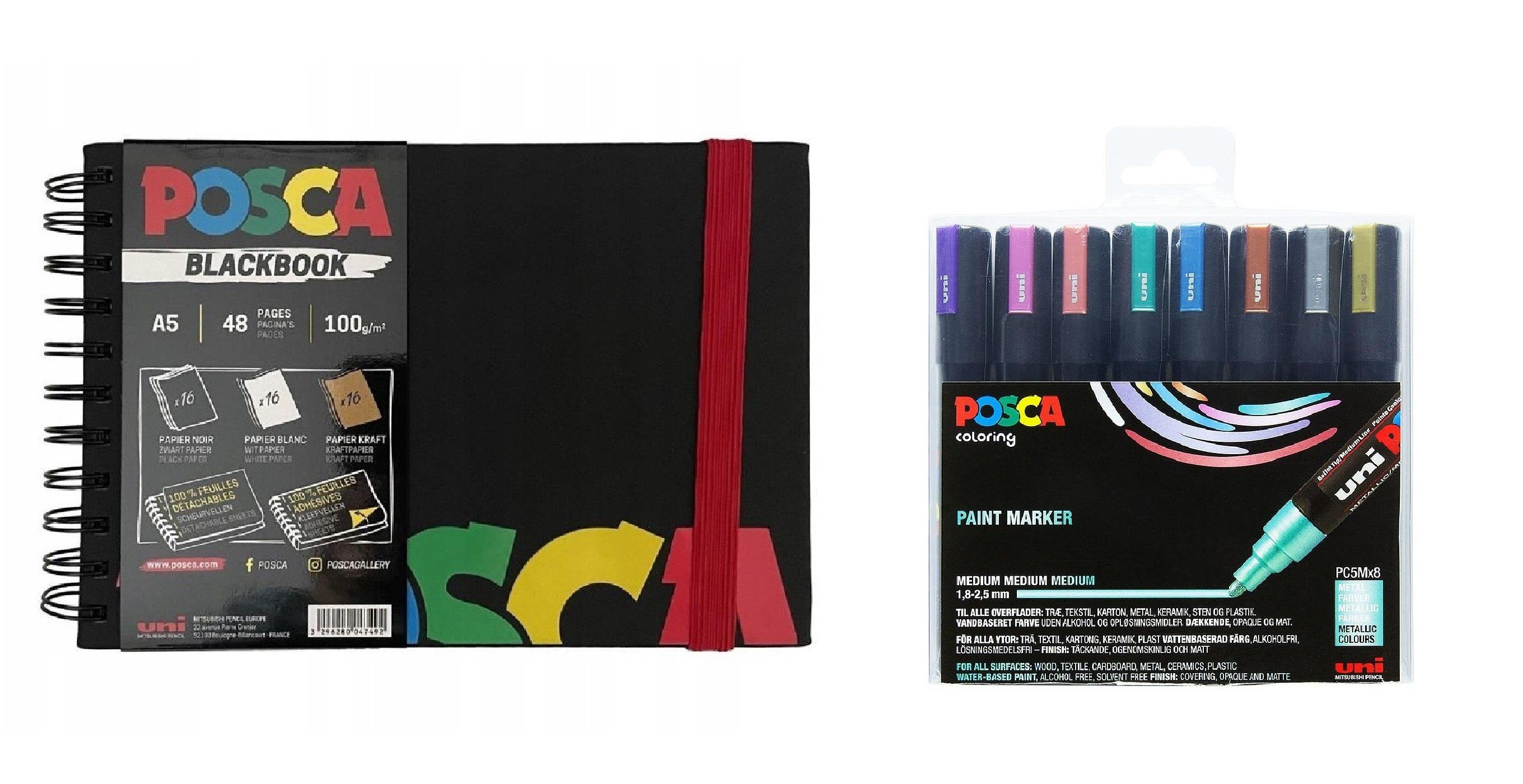 Posca - A5 BlackBook&PC5M - Medium Tip Pen - Metallic colors 8 pc - Leker