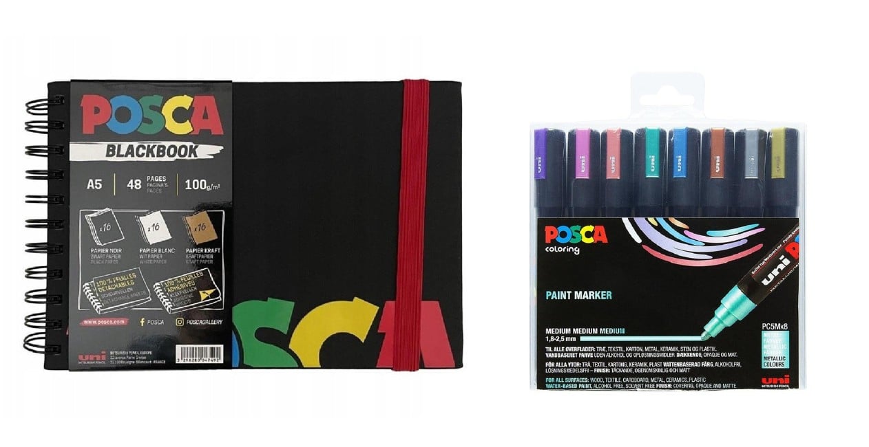 Posca - A5 BlackBook & PC5M - Medium Tip Pen - Metalliske farver 8 stk.