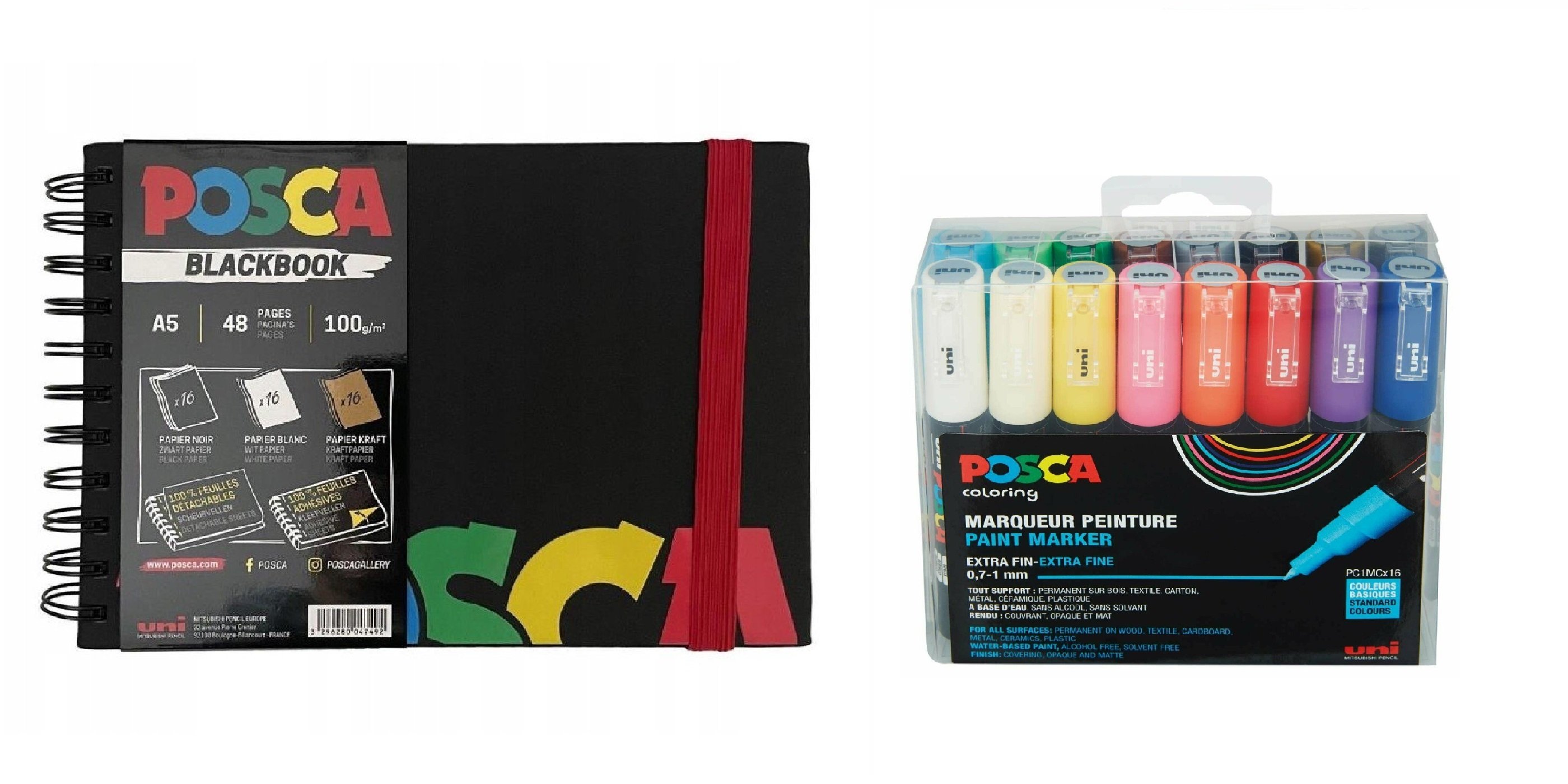 Posca - A5 BlackBook&PC1MC - Extra Fine Tip Pen - Basic Colors 16 pc - Leker