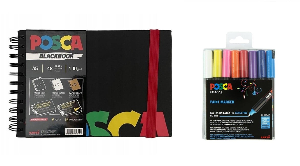 Posca - A5 BlackBook & PC1MR - Extra Fine Tip Pen - Basic Colors 16 pc