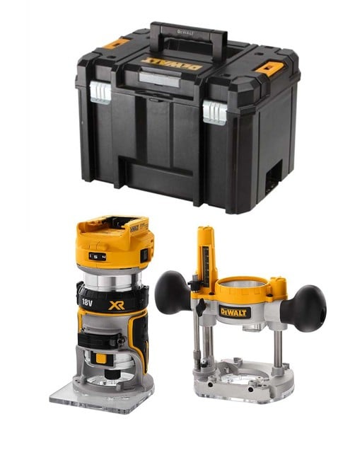 Dewalt 18 Volt Akku-Kombifräse DCW604NT (einsetzbar als Ober-oder Kantenfräse, bürstenloser Motor, 6-8 mm Werkzeugaufnahme, max. Fräs-ø: 36 mm, Fräskorbhub: 55 mm, Lieferung ohne Akku u. Ladegerät)