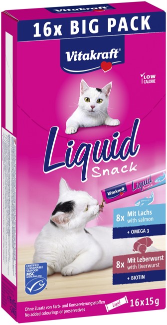 Vitakraft - Liquid Snack kattesnack Multipack med lever og laks 16x15g